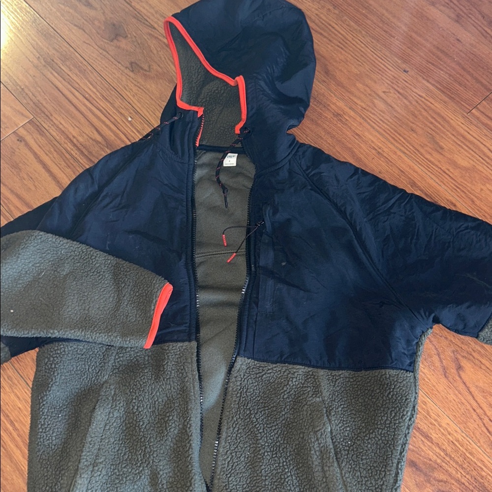 Black and Olive Hooded Jacket with Red Trim
